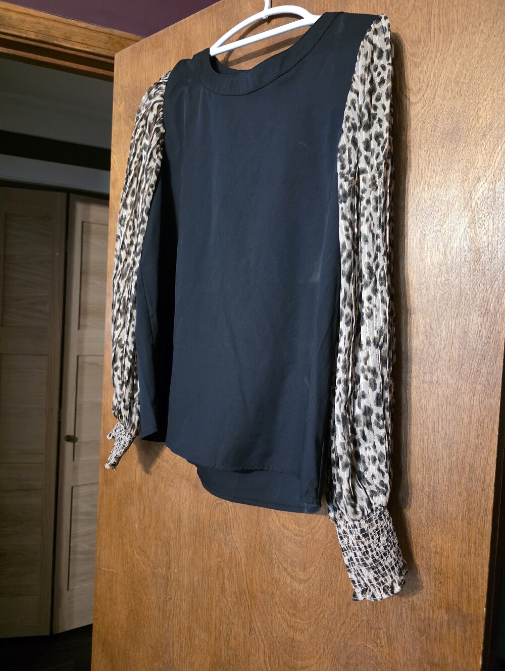 entro Black Top with Leopard Print Sheer Sleeves